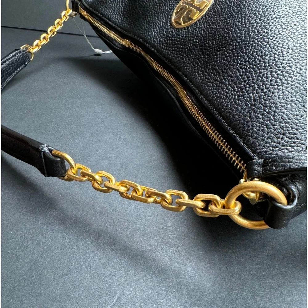 Tory Burch Carson Hobo Bag Black Pebbled Leather Gold Chain NWT 75421